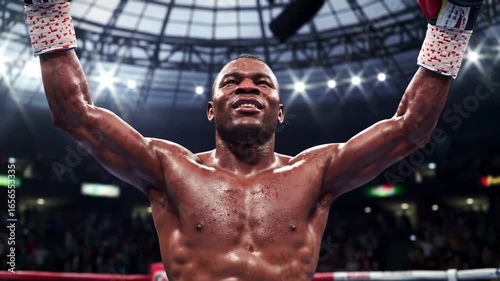 Triumphant boxer celebrating victory in boxing arena