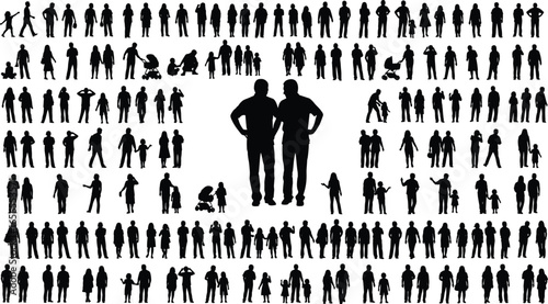 silhouette people collection, walking standing sitting, pushing strollers, diverse human activities, group interactions, posture variety, lifestyle concept, creative design background