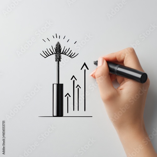 Hand drawing mascara with upward trending graph, symbolizing growth and improved lash volume