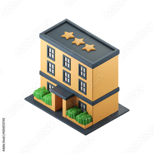 Isometric illustration of a three star hotel building. Perfect for travel, hospitality, and accommodation websites.