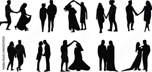 Vector silhouettes of people in various poses including men, women, business, and fashion styles
