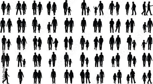 silhouette walking pairs, adults with children, family figures, group interactions, diverse postures, relationship concept, lifestyle theme, human connection, design background illustration