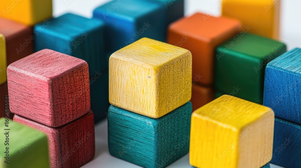 Obraz premium Close-up of neatly stacked wooden blocks in vibrant colors, isolated on a white surface, highlighting order and design