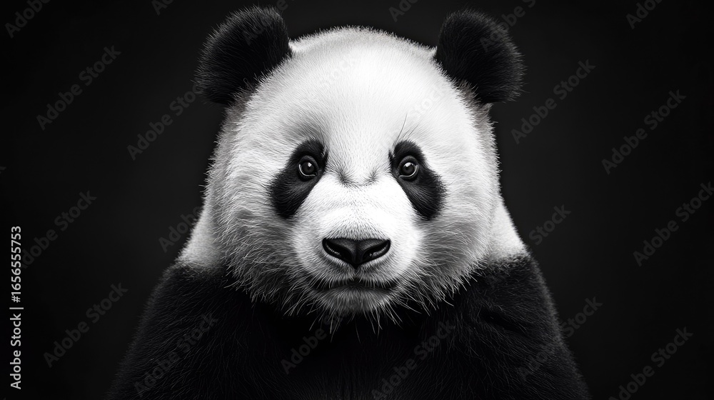 Naklejka premium Close-up portrait of a panda face with striking black and white contrast, set against a pure black backdrop for dramatic effect