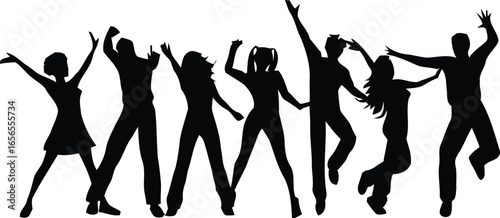 Vector silhouettes of people dancing including women and girls in party and music scene