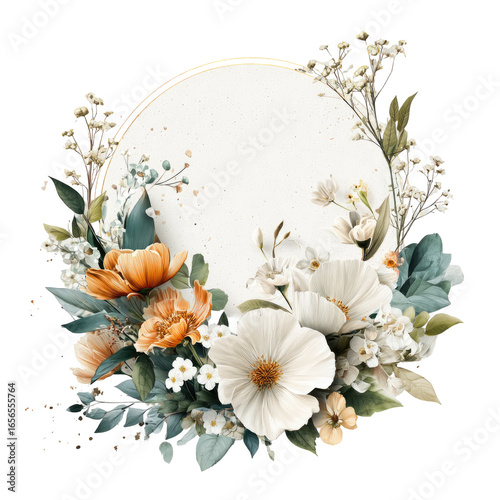 Elegant floral circular frame with cream and peach blossoms