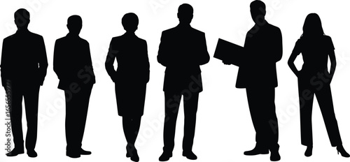 Silhouette business people standing in a row with diverse professional poses, teamwork concept for corporate collaboration and workplace diversity illustration