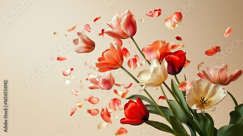 Falling bouquet of tulips and roses on a beige background, petals scattering in artistic composition