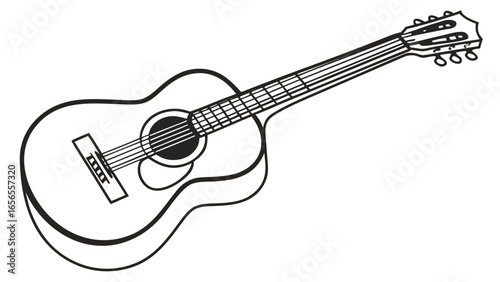 Acoustic guitar illustration featuring a six stringed instrument with a sound hole and tuning pegs