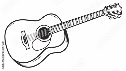 Illustration of a black and white acoustic guitar with visible strings and tuning pegs on the headstock