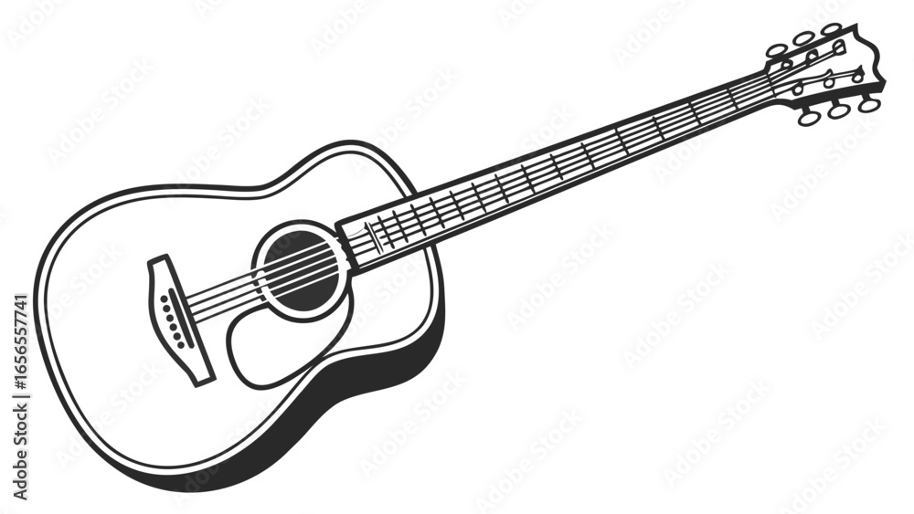 Fototapeta premium Illustration of an acoustic guitar with strings and tuning pegs in black and white design style