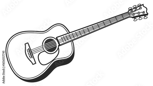 Illustration of an acoustic guitar with strings and tuning pegs in black and white design style