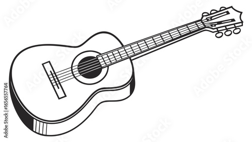 Illustration of a classical guitar with strings and tuning pegs in black and white outline style