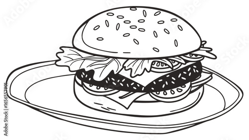 Illustration of a burger with sesame seed bun lettuce tomato cheese and patty on a plate outline style