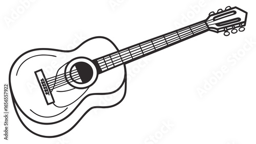 Illustration of a classic acoustic guitar with strings and tuning pegs in black and white style