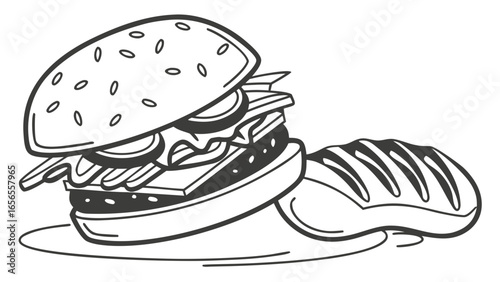 Illustration of a burger with sesame seeds and lettuce next to a bread roll on a white background