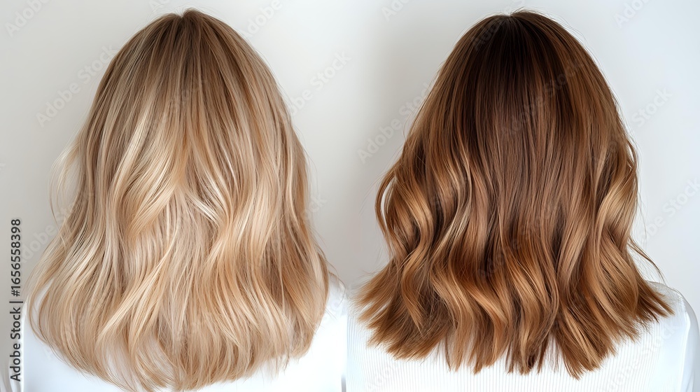 Fototapeta premium Comparison of blonde and brunette wavy hairstyles on white background showing trendy medium length cuts with natural-looking balayage color techniques.