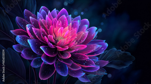 A vibrant abstract flower with surreal glowing petals in shades of pink, purple, and blue.