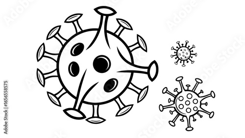 Illustration of multiple virus cells with spikes in black and white simple line drawing style design format
