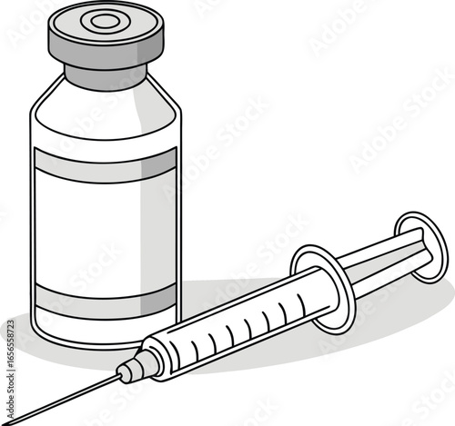 Vector art of vaccine vial and syringe for injection isolated on white background, a medical treatment