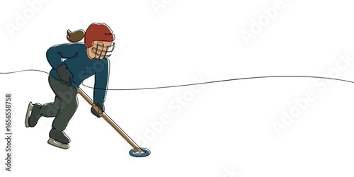 Female ringette player wearing helmet and skates controlling ring with stick. Minimalist continuous line color vector illustration. Winter sport for Milano Cortina 2026 and XXV Olympic Winter Games.