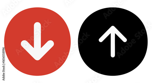 A red circular icon with a white down arrow next to a black circular icon with a white up arrow.