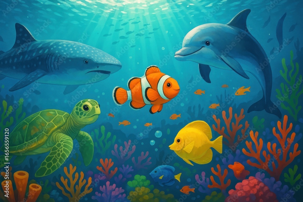 Obraz premium Vibrant underwater marine life illustration.
