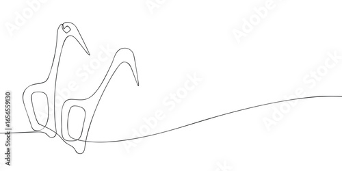 One line drawing of two ice axes for climbing. Minimalist linear illustration. Winter mountaineering and extreme sport equipment concept.
