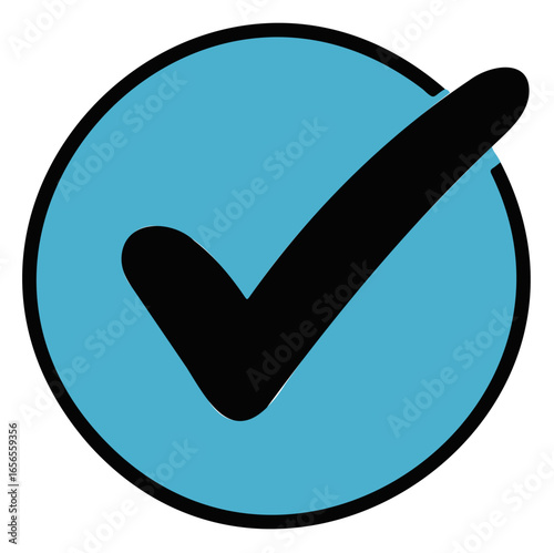 Blue circle with a black check mark graphic design element.