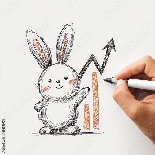 A hand sketches a cute bunny rabbit next to a rising bar graph, suggesting growth or success.  The style is simple and childlike