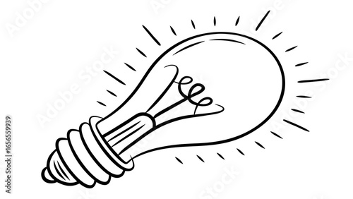 Illustration of a light bulb with a coiled filament and emanating light rays on a white background