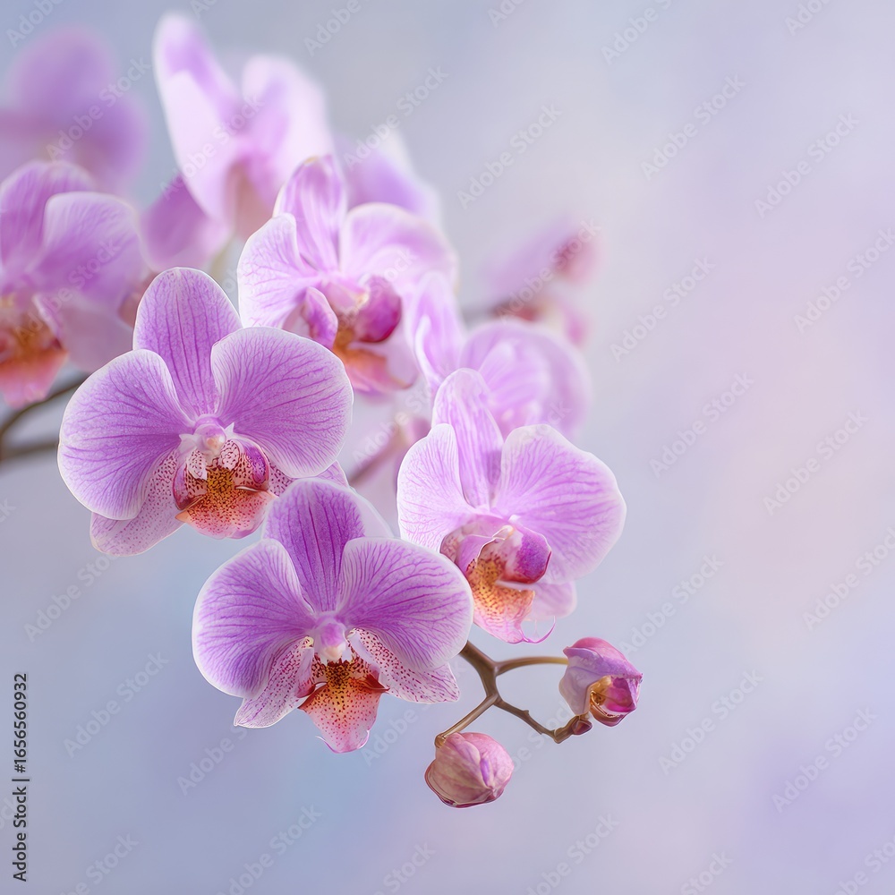Fototapeta premium Delicate pink orchids bloom elegantly against a soft, blurred background, showcasing their intricate details and subtle color variations