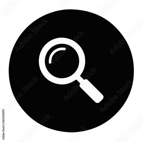 White magnifying glass icon on a black circle, representing search and investigation.