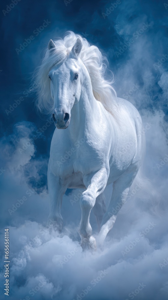 Fototapeta premium Majestic white horse galloping on clouds