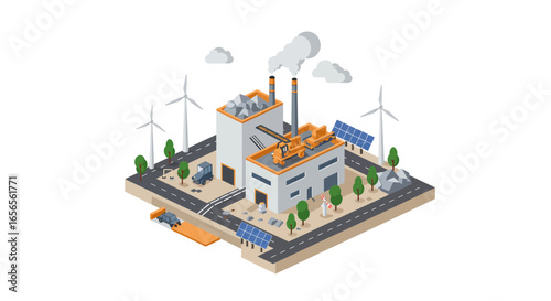 Isometric power plant generating clean energy with solar panels and wind turbines for sustainable future