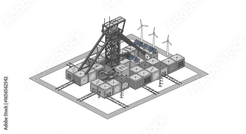 Modern industrial complex with wind turbines and solar panels for sustainable energy solutions, isometric design