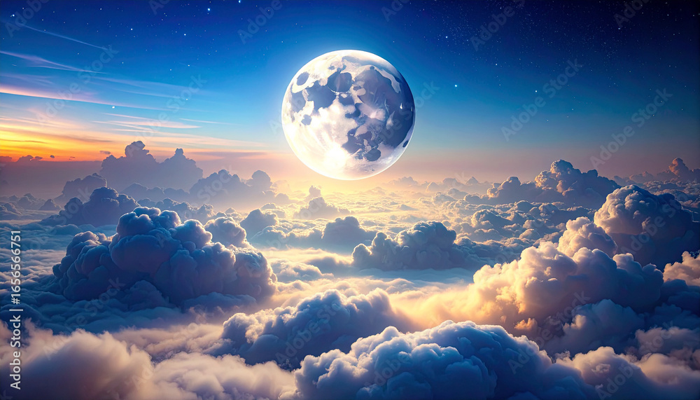Fototapeta premium 雲海に浮かぶ月と幻想的な光の神秘風景空 – Mystical Floating Moon above a Sea of Clouds with Dreamy Lighting