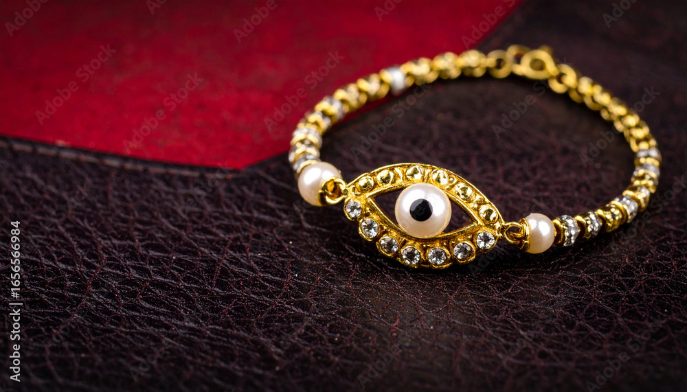 Fototapeta premium Golden bracelet with evil eye motif and pearl beads, luxury jewelry piece with crystal embellishments, elegant accessory on textured dark and red background