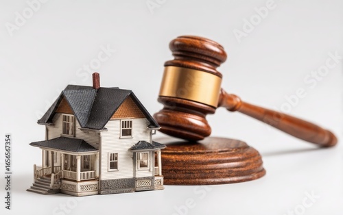 Miniature house and gavel on white background