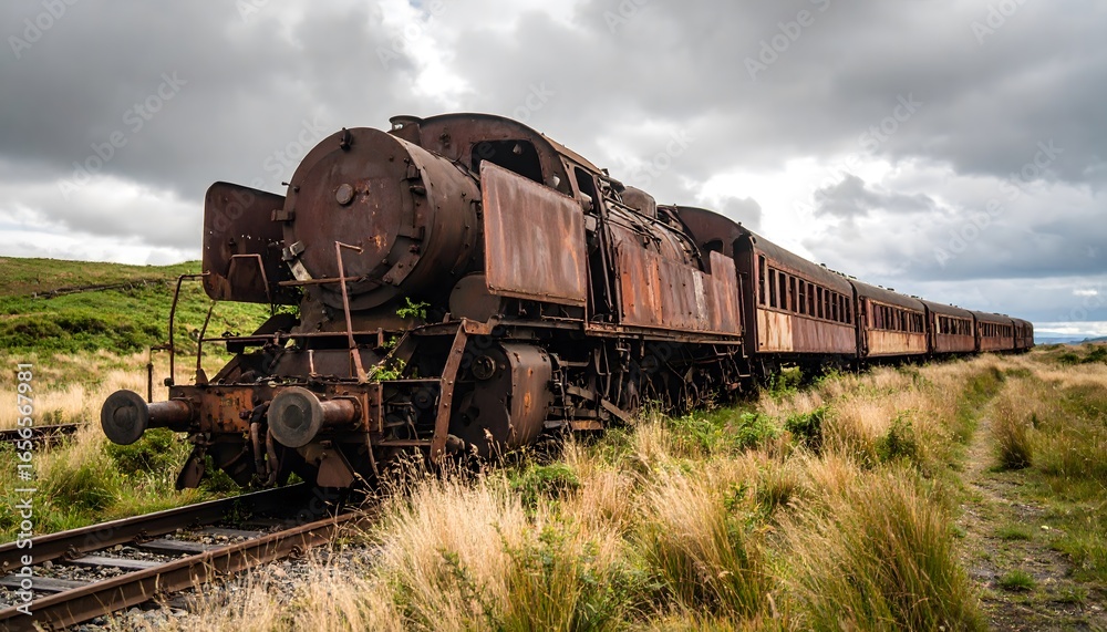 Naklejka premium A rusted train suspended mid-derailment on cracked tracks, overgrown grass reclaiming silence—an abandoned relic frozen in time, echoing the haunting stillness of a world that suddenly stopped.