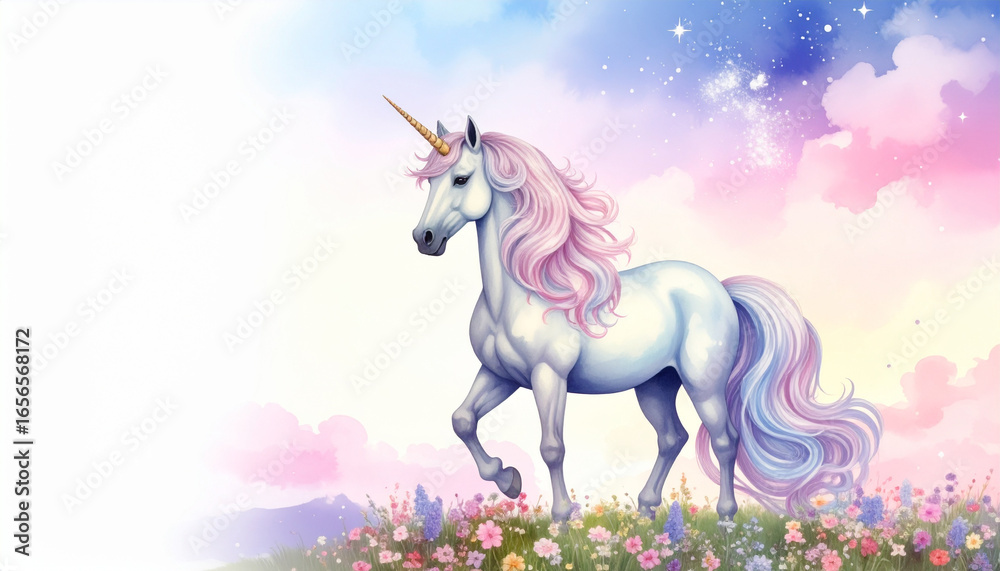 Fototapeta premium Unicorn with pastel pink and purple mane standing in colorful meadow filled with flowers under dreamy sky with stars and clouds, magical fantasy creature