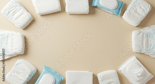 Baby Diapers and Wipes Arranged in Circular Pattern on Beige Surface