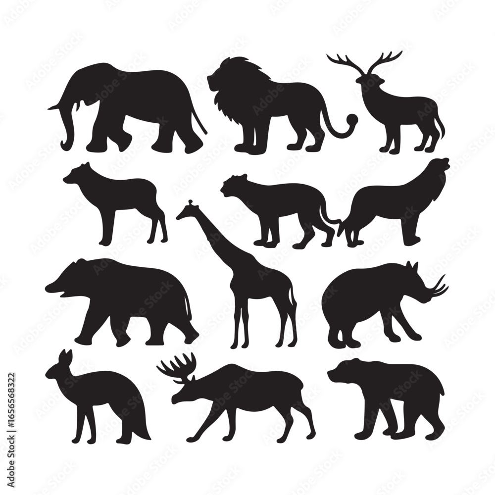Fototapeta premium Wild Animal Silhouettes: Safari & Forest Wildlife Vector Art