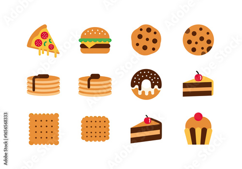 Delicious Assortment of Food: A delectable collection of animated food illustrations, featuring a slice of pizza, a juicy burger, chocolate chip cookies, stack of pancakes, a donut, a slice of cake.