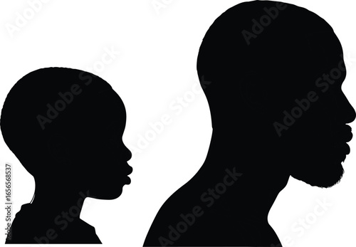Silhouette of adult and child facing right, family bond concept, generational contrast, father and son, minimalist vector design, emotional connection theme