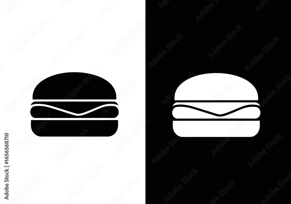 Burger Silhouette: A minimalist, eye-catching graphic showcasing two monochrome burger illustrations, set against opposing black and white backgrounds. Burger Silhouette: A minimalist, eye-catching graphic showcasing two monochrome burger illustrations, set against opposing black and white backgrounds.