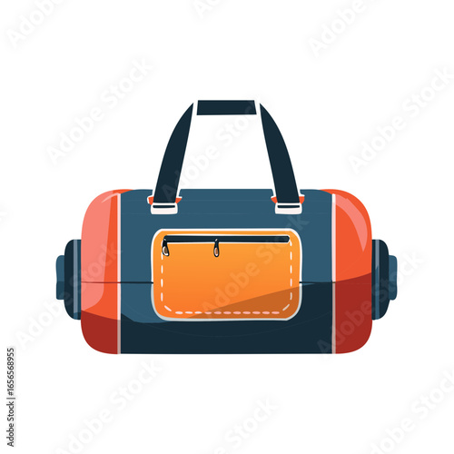 Blue duffel bag with orange accents features handles and a zippered pocket ideal for the gym or travel