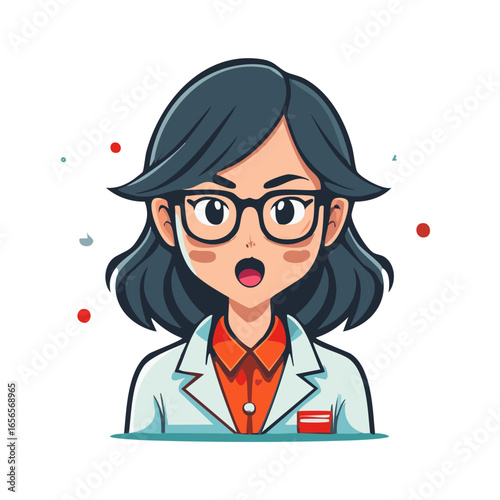 Cartoon Woman Doctor with Glasses and Lab Coat Expressing Surprise or Discovery