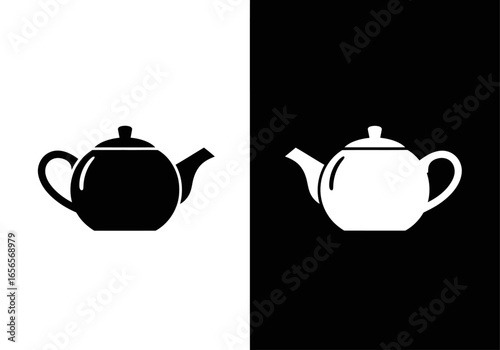 Contrast in Brew: A striking monochrome composition of two teapots, one black, one white, symbolizing the duality of contrast in elegant simplicity.