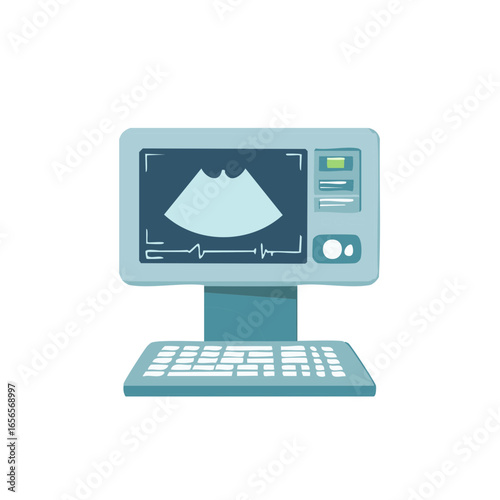 Flat Illustration of Medical Ultrasound Machine Showing Scan with Monitor and Keyboard, Healthcare Technology